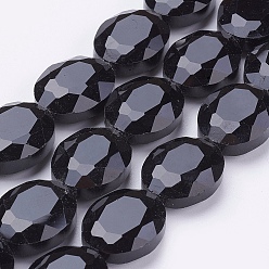 Black Glass Bead Strands, Crystal Bead Strands, Faceted, Oval, Black, 16x12~13x7mm, Hole: 1mm, 20pcs/strand, 12.5 inch