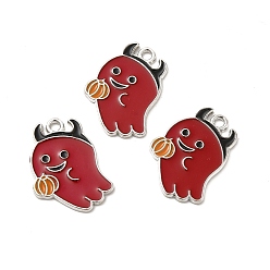Red Alloy Enamel Pendants, Ghost Charm, Platinum, Red, 21x17x1.5mm, Hole: 1.8mm