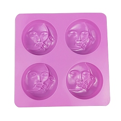 Orchid DIY Soap Silicone Molds, for Handmade Soap Making, Flat Round with Moon & Face Pattern, 4 Cavities, Orchid, 165x165mm, Inner Diameter: 65mm