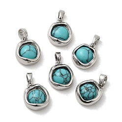 Synthetic Turquoise Synthetic Turquoise Brass Flat Round Charms, Real Platinum Plated, 14x11.5x6mm, Hole: 4x3mm