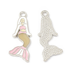 Pink Alloy Enamel Pendants, Mermaid Charm, Platinum, Pink, 31x12x1.3mm, Hole: 2.3mm