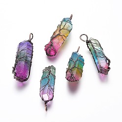 Colorful Electroplate Natural Quartz Crystal Big Wire Wrapped Pendants, with Brass Findings, Bullet, Red Copper, Colorful, 45~77x12~22x10~20mm, Hole: 4~7mm