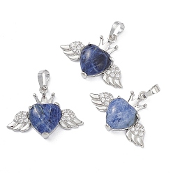 Sodalite Natural Sodalite Pendants, Heart Charms with Wings & Crown, with Platinum Tone Brass Crystal Rhinestone Findings, 26x35.5x8mm, Hole: 8x5mm