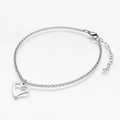 Stainless Steel Color 304 Stainless Steel Anklets, with Heart Charm and Rolo Chains, Stainless Steel Color, 232x2mm