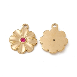 Hot Pink Vacuum Plating 201 Stainless Steel Pendants, with Glass, Flower Charms, Real 18K Gold Plated, Hot Pink, 18x15x2.5mm, Hole: 2mm