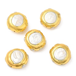 Color de la concha Perlas keshi naturales de estilo barroco, larga duración plateado, con borde de latón chapado en oro, plano y redondo, color de concha, 26~29x26~27x17.5~19 mm, agujero: 1.6 mm