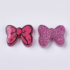 Deep Pink Resin Cabochons, with Glitter Sequins/Paillette, Bowknot, Deep Pink, 20x24x5mm