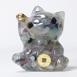 Fluorita Decoraciones de exhibición artesanales de resina y chips de fluorita natural, figura de gato de la suerte, para el hogar adorno de feng shui, 63x55x45 mm