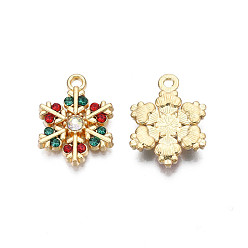 Light Gold Rack Plating Alloy Pendants, with ABS Plastic Imitation Pearl and Colorful Rhinestone, Cadmium Free & Nickel Free & Lead Free, Christmas Snowflake, Light Gold, 19.5x14.5x3mm, Hole: 1.6mm