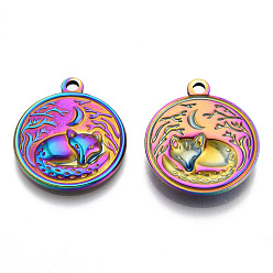Rainbow Color 201 Stainless Steel Pendants, Flat Round with Fox Charm, Rainbow Color, 23.5x20.5x3mm, Hole: 2mm
