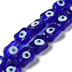 Bleu Moyen  La main d'oeil mauvais chalumeau perles brins, ovale, bleu moyen, 13~14x9.5~10x5~6mm, Trou: 1.4mm, Environ 28 pcs/chapelet, 14.88 pouce (37.8 cm)