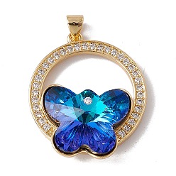Royal Blue Brass Micro Pave Clear Cubic Zirconia Pendants, Real 18K Gold Plated, with Glass Cabochon, Cadmium Free & Nickel Free & Lead Free, Rack Plating, Flat Round with Butterfly, Royal Blue, 29.5x25.5x10mm, Hole: 3.5x5mm