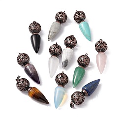Mixed Stone Natural & Synthetic Mixed Stone Big Pendants, Cone Charms with Rack Plating Brass Hollow Ball, Red Copper, Cadmium Free & Lead Free, 57~58x17.5~18mm, Hole: 8x5mm