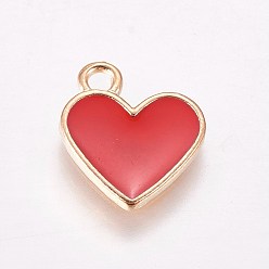 Red Alloy Enamel Charms, Heart, Light Gold, Red, 13x11.5x1.6mm, Hole: 1.6mm