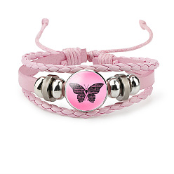Butterfly Imitation Leather Multi-strand Bracelets for Women, October Breast Cancer Pink Awareness Ribbon Iron Glass Adjustable Bracelet, Butterfly, 4-3/8 inch(11cm)