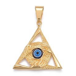 Golden 304 Stainless Steel Pendants, with Resin, Triangle with Evil Eye Protection Hands, Golden, 38.5x38x7mm, Hole: 6.5x11.5mm