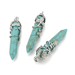 Synthetic Turquoise Synthetic Turquoise Pointed Pendants, with Brass Findings, Bullet, Platinum, 57~60x16mm, Hole: 8x5mm
