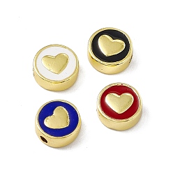 Mixed Color Brass Enamel Beads, Long-Lasting Plated, Cadmium Free & Lead Free, Real 18K Gold Plated, Flat Round with Heart, Mixed Color, 11x4.5mm, Hole: 1.8mm