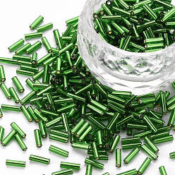 Зеленый Никелированный стеклянные бусины стеклярус, металлических цветов, зелёные, 6x2 мм, отверстие : 1 мм, Около 10000 шт / фунт