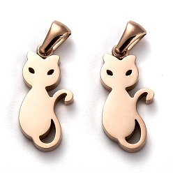 Rose Gold Ion Plating(IP) 304 Stainless Steel Pendants, Manual Polishing, Cat, Rose Gold, 22x10.5x3mm, Hole: 6x2.5mm