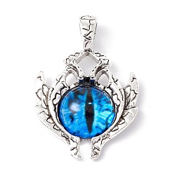 Deep Sky Blue Glass Pendants, with Antique Silver Plated Alloy Findings, Evil Eye, Deep Sky Blue, 42x29x8.5mm, Hole: 6x4mm