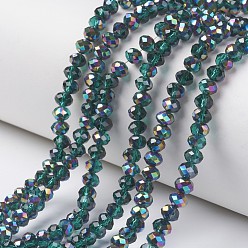 Green Electroplate Transparent Glass Beads Strands, Half Multi-color Plated, Faceted, Rondelle, Green, 6x5mm, Hole: 1mm, about 92~94pcs/strand, 17~17.5 inch(42.5~43.75cm)