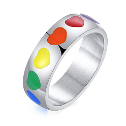 Stainless Steel Color Rainbow Color Pride Flag Enamel Heart Finger Ring, Stainless Steel Jewelry for Men Women, Stainless Steel Color, US Size 8(18.1mm)