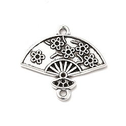 Antique Silver Tibetan Style Alloy Connector Charms, Chinese Style Hand Fan with Flower Shape Links, Antique Silver, 22x24x1.5mm, Hole: 1.5mm, about 500pcs/1000g
