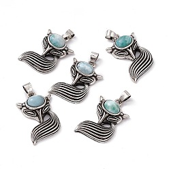 Larimar Natural Larimar Pendants, Fox Charms, with Antique Silver Color Brass Findings, 29x19x8mm, Hole: 4~5x3.5mm