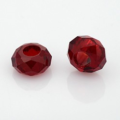 Rouge Foncé Perles de verre à facettes, perles de rondelle avec grand trou , rouge foncé, 14x8mm, Trou: 6mm