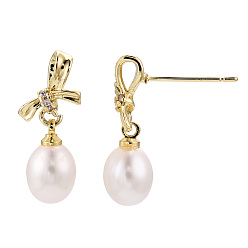 Real 18K Gold Plated Natural Pearl & Cubic Zirconia Bowknot Dangle Stud Earrings, Brass Earrings with 925 Sterling Silver Pins, Cadmium Free & Nickel Free & Lead Free, Real 18K Gold Plated, 20x7.5mm, Pin: 0.8mm