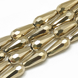 Золотистый Стеклянные бусины с гальваническим покрытием , Грановитая Teardrop, золотые, 9~9.5x4 мм, отверстие : 1 мм, около 72 шт / нитка, 25.98 дюйм