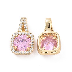 Pink Brass Micro Pave Cubic Zirconia Pendants, Real 18K Gold Plated, Square Charms, Pink, 18x11x6mm, Hole: 6x3.5mm