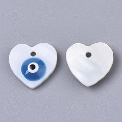 Dodger Blue Natural Freshwater Shell Charms, with Enamel, Heart with Evil Eye, Dodger Blue, 12x12~13x3mm, Hole: 1.4mm