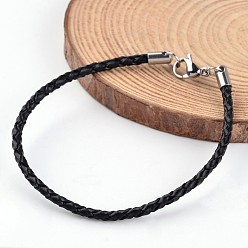 Black Braided Leather Cord Bracelets, with 304 Stainless Steel Findings, Black, 195x3mm