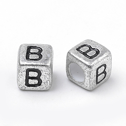 Letter B Plated Acrylic Beads, Horizontal Hole, Cube with Letter, Antique Silver, Letter.B, 6mm, Hole: 3mm, about 3000pcs/500g