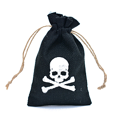 Black Halloween Burlap Packing Pouches, Drawstring Bags, Rectangle with Skull Pattern, Black, 15x10cm