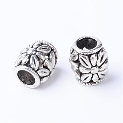 Antique Silver Tibetan Style Alloy European Beads, Large Hole Beads, Barrel with Flower, Cadmium Free & Nickel Free & Lead Free, Antique Silver, 10~11x8.5~9mm, Hole: 5mm, about 530pcs/1000g