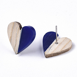 Dark Blue Resin & Wood Stud Earrings, with 304 Stainless Steel Pin, Heart, Dark Blue, 15x14~15mm, Pin: 0.7mm