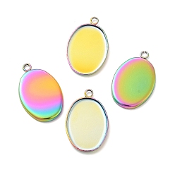 Rainbow Color Ion Plating(IP) 304 Stainless Steel Pendant Cabochon Settings, Plain Edge Bezel Cups, Oval, Rainbow Color, Tray: 18x13mm, 22x14x1mm, Hole: 2mm