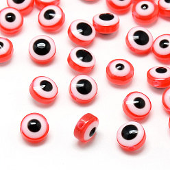 Rouge Orange Perles en résine, plat rond, mauvais œil, rouge-orange, 10~11x5~7mm, Trou: 2mm