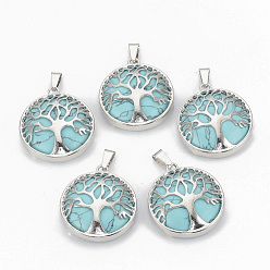 Synthetic Turquoise Synthetic Turquoise Pendants, with Brass Findings, Flat Round with Tree of Life, Dyed, Platinum, 30.5x27x8mm, Hole: 7x3mm