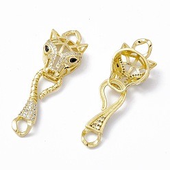 Real 18K Gold Plated Rack Plating Brass Micro Pave Clear & Black Cubic Zirconia S-Hook Clasps, Long-Lasting Plated, Cadmium Free & Lead Free, Leopard, Real 18K Gold Plated, 46.5mm, Hole: 4mm, Leopard: 23.5x15x8mm, Clasp: 29x10x3.5mm