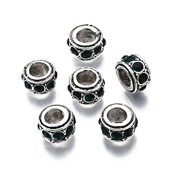 Emerald Alloy Rhinestone European Beads, May Birthstone Beads, Large Hole Beads, Cadmium Free & Lead Free, Fit European Bracelet Jewelry Making, Antique Silver, Rondelle, Emerald, 11x6.5mm, Hole: 5mm