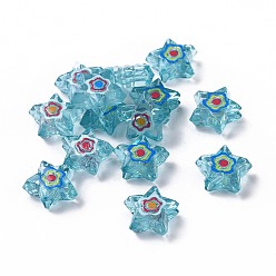 Dark Turquoise Printed Transparent Acrylic Beads, Star with Flower Pattern, Dark Turquoise, 9x10x4mm, Hole: 1.6mm