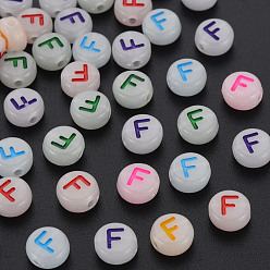 Letter F Acrylic Beads, Glow in the Dark, with Enamel and Luminous, Horizontal Hole, Flat Round with Alphabet, Letter.F, 6.5x7x4mm, Hole: 1.6mm, about 3600pcs/500g