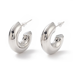 Platinum Brass C-shape Stud Earrings, Half Hoop Earrings for Women, Cadmium Free & Lead Free, Platinum, 25.5x25x7mm, Pin: 0.9mm