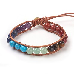 Mixed Stone Natural & Synthetic Mixed Stone Cord Beaded Bracelets, with Leather Cord and Alloy Clasps, Om Symbol, Antique Golden, 7-1/4 inch~8-1/8 inch(18.5~20.5cm), 1mm