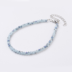 Light Cyan Faceted Glass Beads Anklets, with Brass Lobster Claw Clasps, Light Cyan, 9-3/8 inch(238mm)