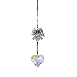 Heart Glass Heart Sun Catcher Hanging Prism Ornaments with Iron Angel, for Home, Garden, Ceiling Chandelier Decoration, 400mm